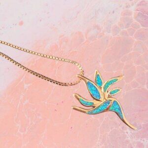 Man Made Opal Inlaid Bird of Paradise Necklace, Rose Gold Tone